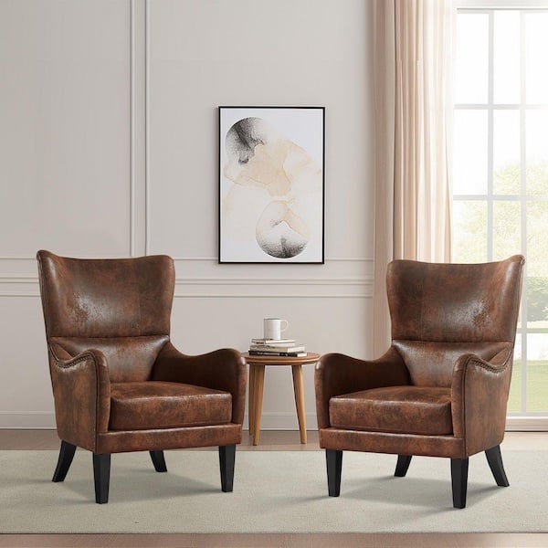 Accent Chair Distressed Faux Leather Nailhead Trim Brown Wingback