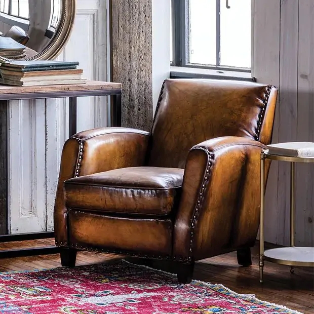 Accent Chair: Distressed Leather, Nailhead Trim. Industrial Farmhouse Seating.