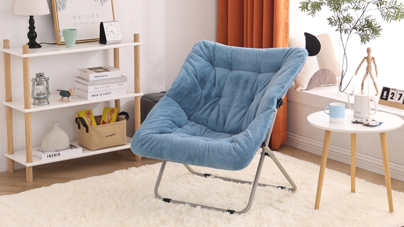 Accent Chair Dusty Blue Faux Fur Saucer Folding Tufted Seat