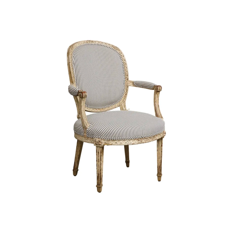 Accent Chair featuring Ticking Stripe Upholstery and Distressed Frame