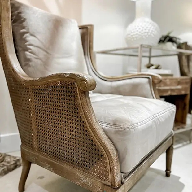 Accent Chair: French Farmhouse Wingback Frame with Cane Sides