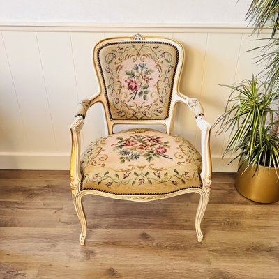Accent Chair: French Louis XV Floral Needlepoint Tapestry Carved
