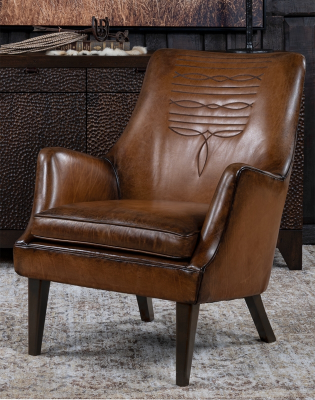 Accent Chair Full Grain Leather Boot Stitch Embroidery Western Style