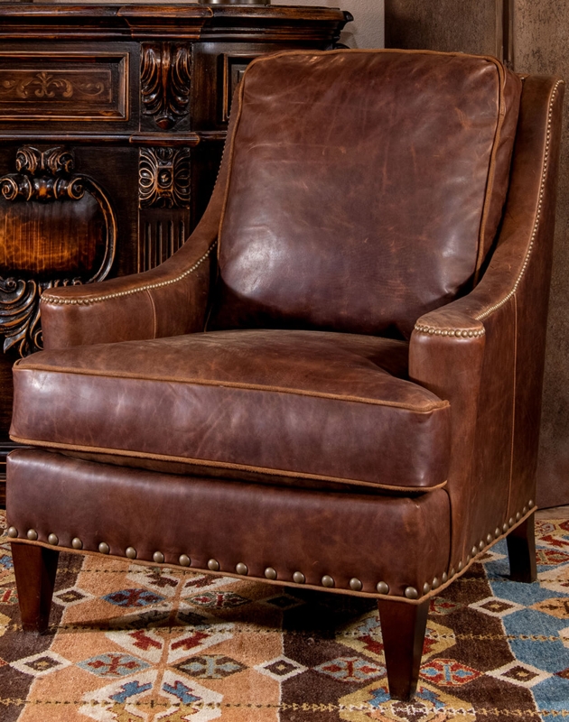 Accent Chair in Chocolate Leather with High Back and Welted Piping