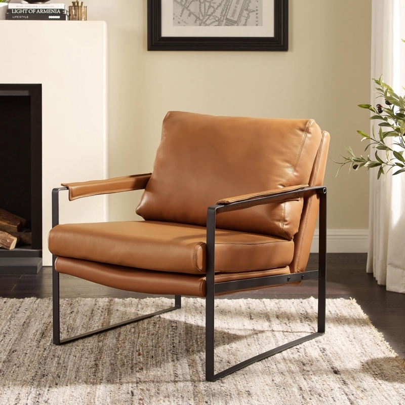 Accent Chair in Tan Genuine Leather with Padded Armrest Wraps