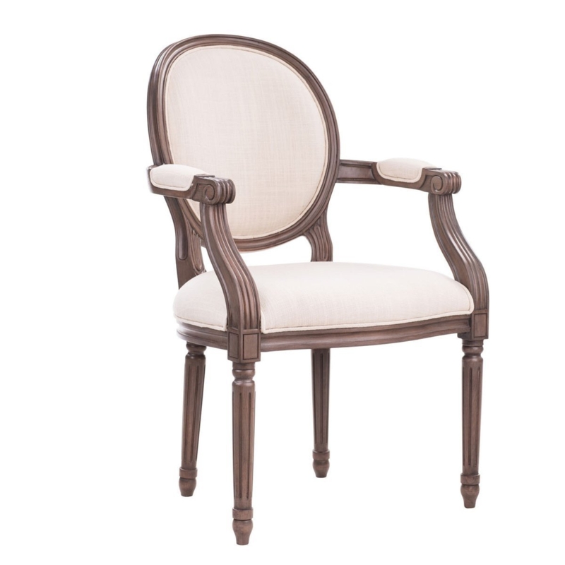 Accent Chair in Warm Beige Fabric with Scrolled Arms and Fluted Legs