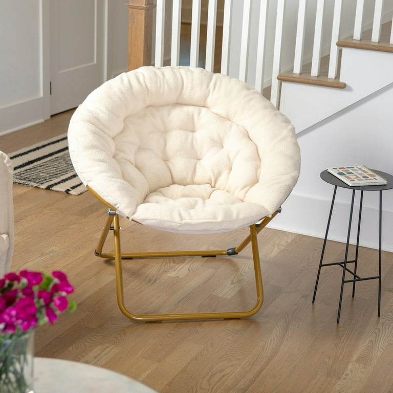 Accent Chair Ivory Sherpa Saucer with Soft Gold Folding Frame