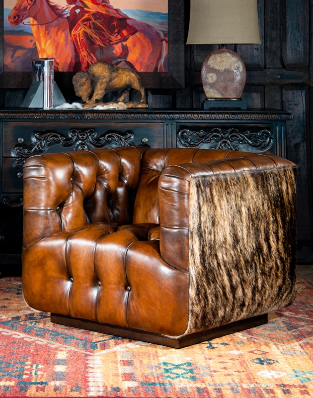 Accent Chair: Leather, Cowhide Side Panels. Western Tufted Club Chair.