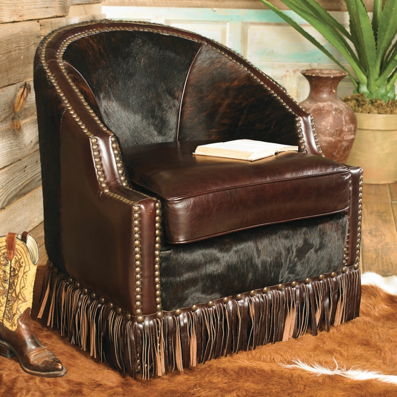 Accent Chair Leather Fringe Hair On Hide Barrel Back Western Lodge