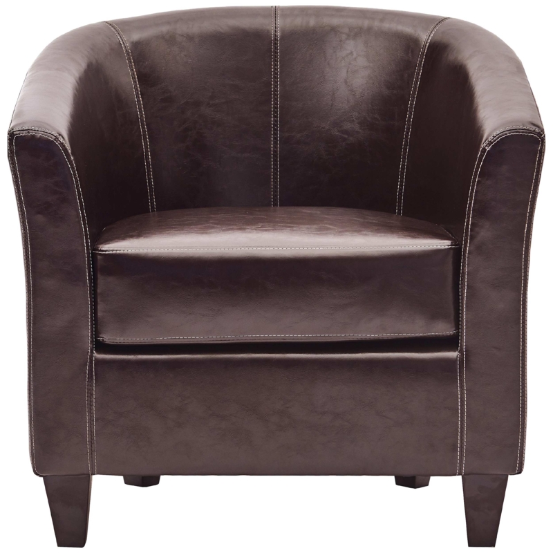 Accent Chair Leather-Like Dark Chocolate Contrast Stitching Barrel