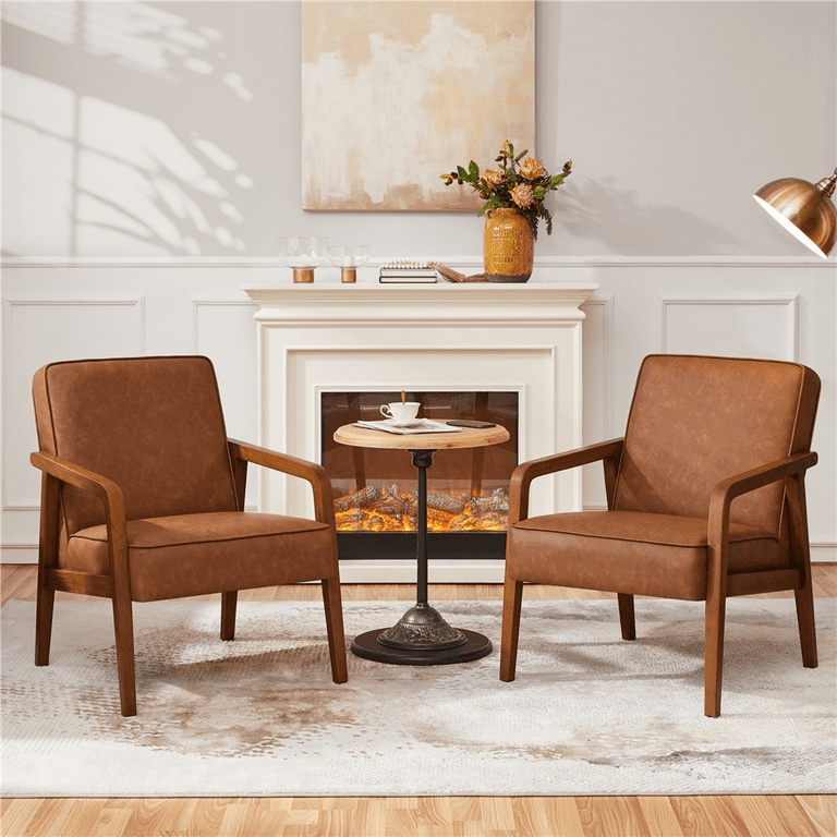 Accent Chair, Light Brown Faux Leather, Angled Arms, Wood Toned Frame