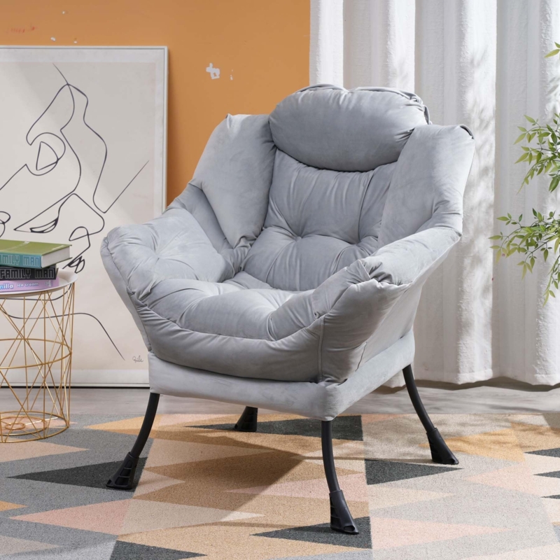 Accent Chair Light Grey Overstuffed with Side Pocket