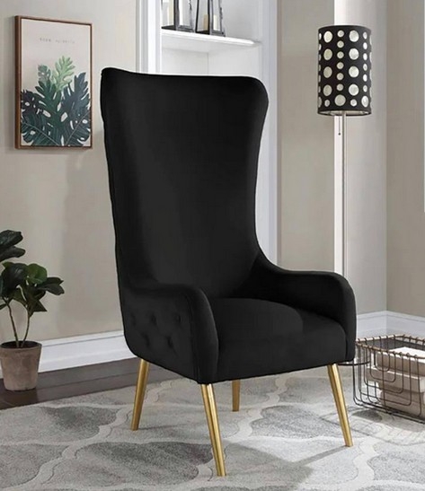 Accent Chair Matte Black Velvet Gold Toned Legs Modern Glam