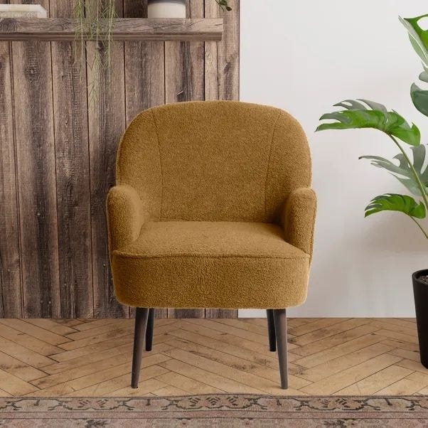 Accent Chair Mustard Bouclé, Compact Curved Back, Tapered Dark Legs