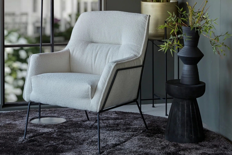 Accent Chair Narrow Profile, Slim Black Frame, Textured Bouclé, Cream