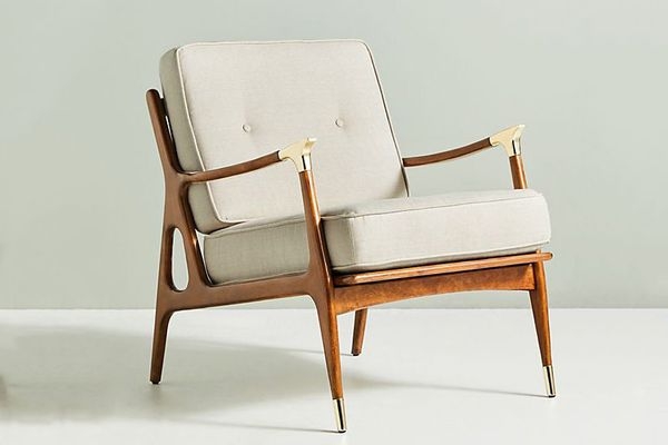 Accent Chair: Oatmeal Beige, Walnut Frame, Cutout Frame Detail, Gold Caps