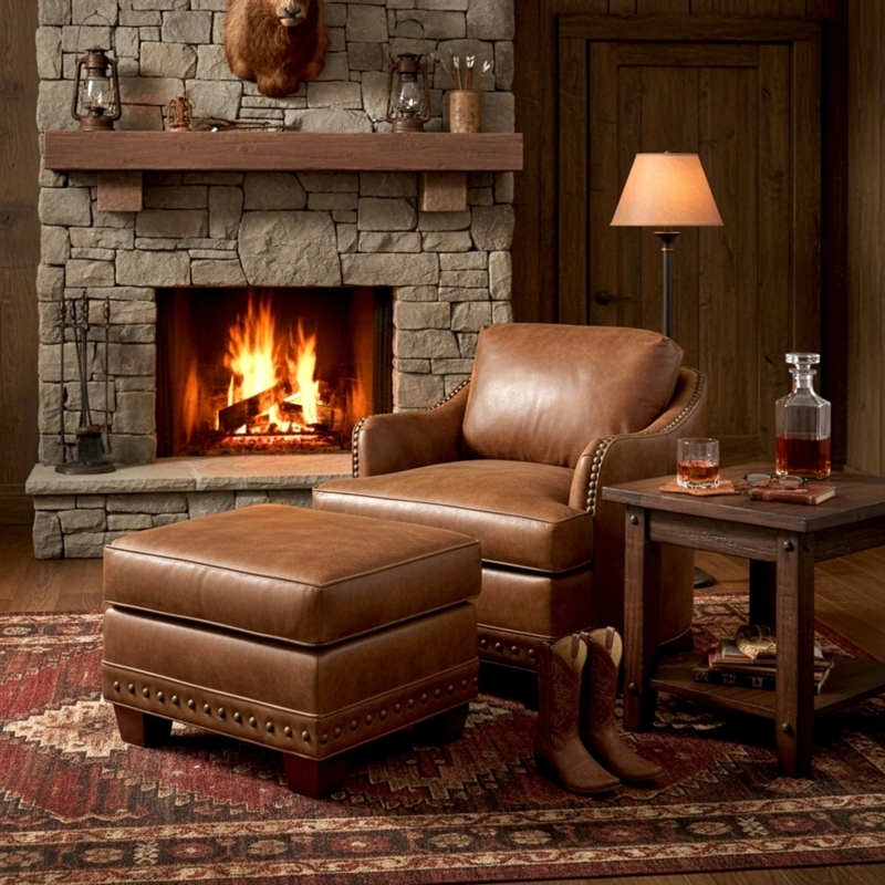 Accent Chair Ottoman Set Cognac Leather Nailhead Trim Western Lodge