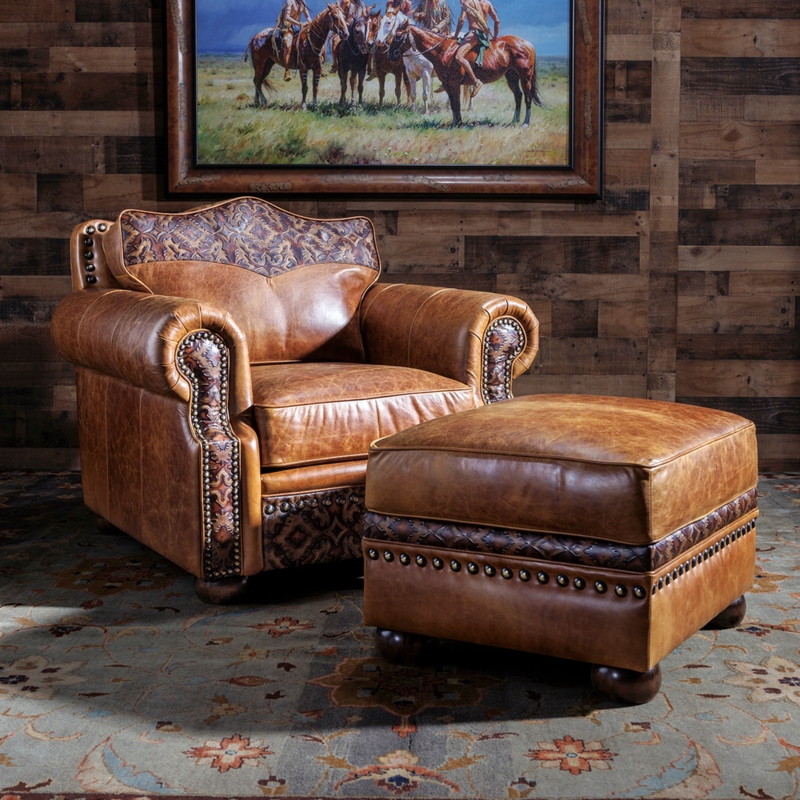 Accent Chair Ottoman Tooled Leather Scalloped Back Western Lodge