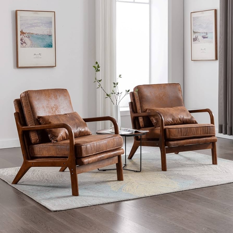 Accent Chair Pair, Cognac Brown Leather-Like, Lumbar Pillow, Curved Armrests