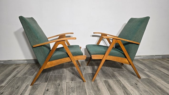 Accent Chair Pair: Forest Green Fabric, Sculptural Armrests, Angled Legs