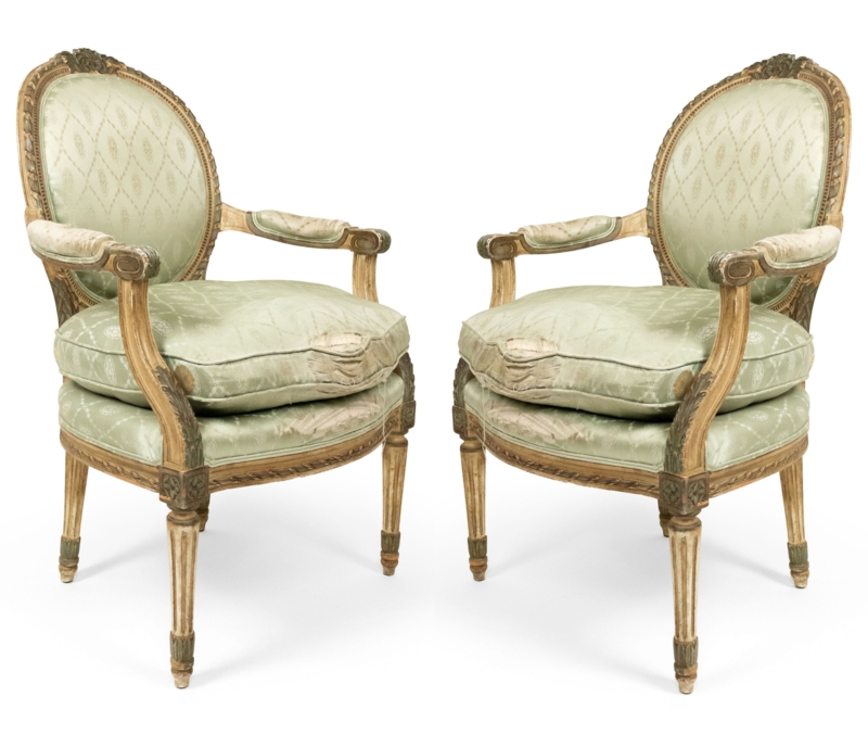 Accent Chair Pair in Sage Green Silk with Distressed Cream Frame