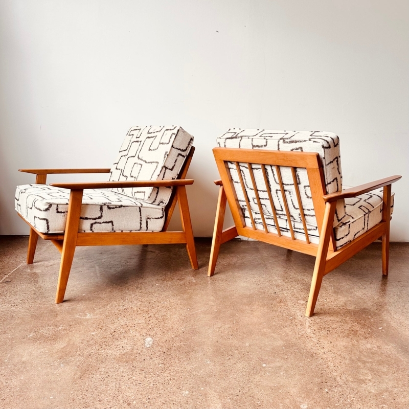Accent Chair Pair: Light Oak Frame, Geometric Pattern, Detached Cushions