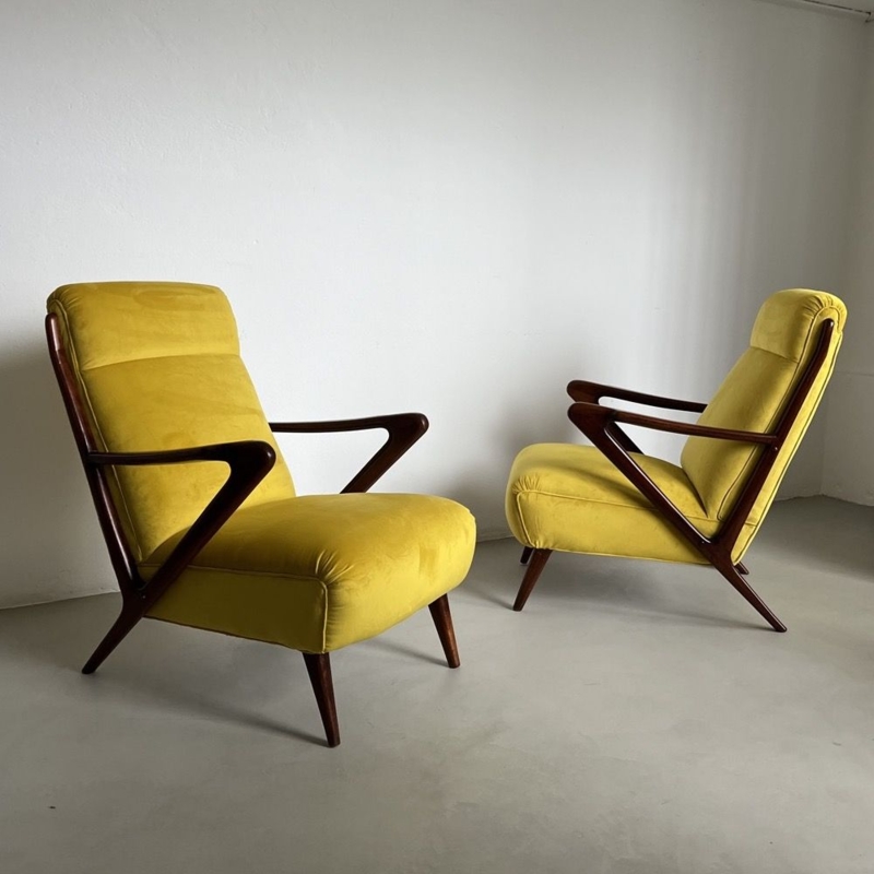 Accent Chair Pair: Mustard Yellow Velvet, Z-Shaped Arms, High Back