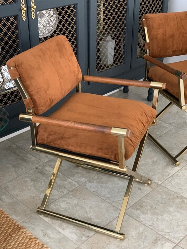 Accent Chair Polished Gold Frame Cognac Leather Like Padded Seat Glam
