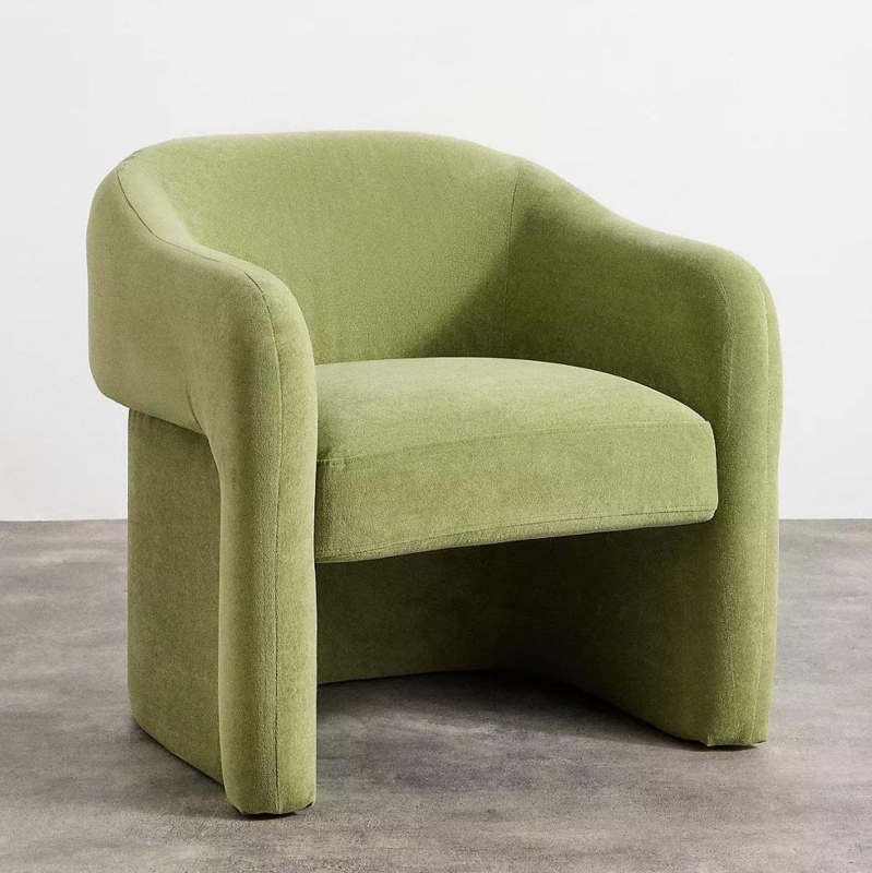 Accent Chair Sculptural Form, U-Shaped Base, Olive Green Upholstery