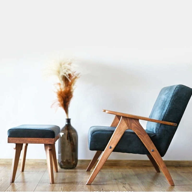 Accent Chair Set, Beech Wood Frame, Angular Profile, Dark Grey Ottoman