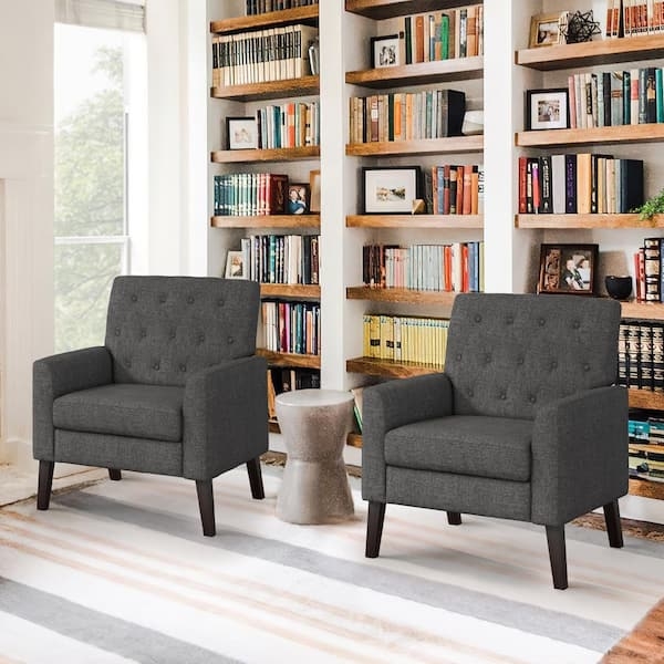Accent Chair Set: Dark Gray Linen, Button Tufting, Track Arms