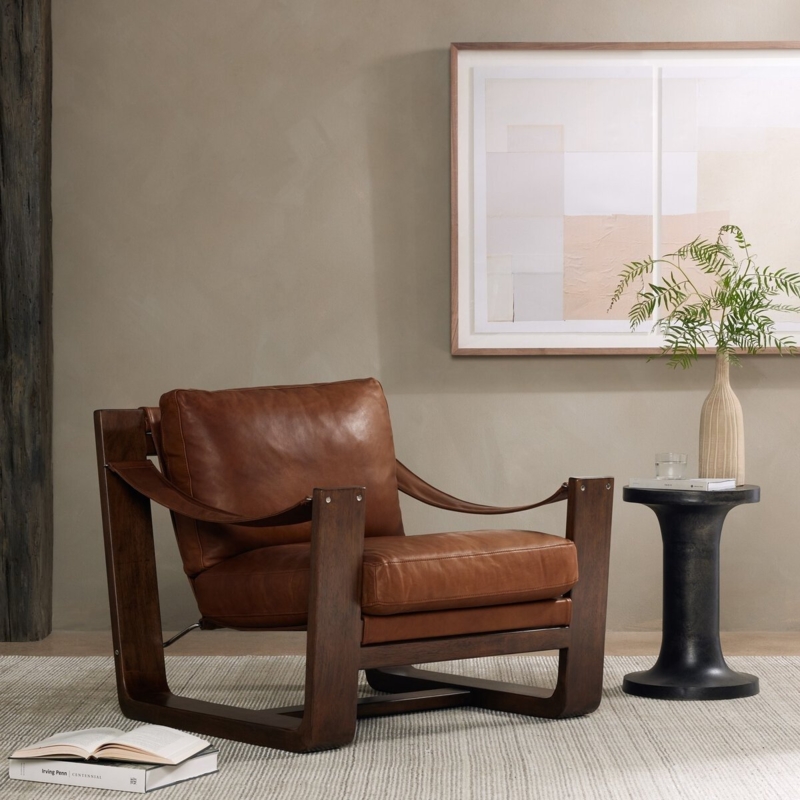 Accent Chair Sled Base Cognac Leather Like Exposed Hardware Walnut