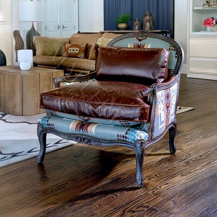 Accent Chair Southwestern Pattern Ornate Carving Leather Western