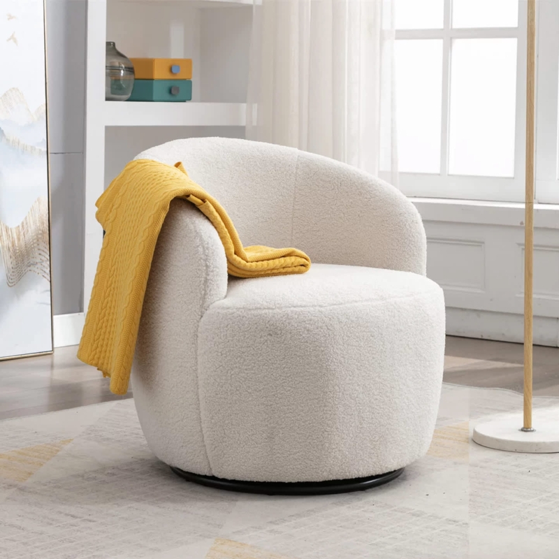 Accent Chair Swivel Barrel, White Bouclé Texture, Integrated Arms
