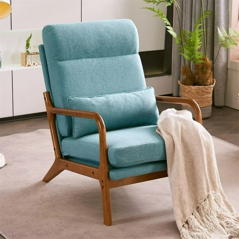 Accent Chair Teal Linen Texture Lumbar Pillow High Back Armchair