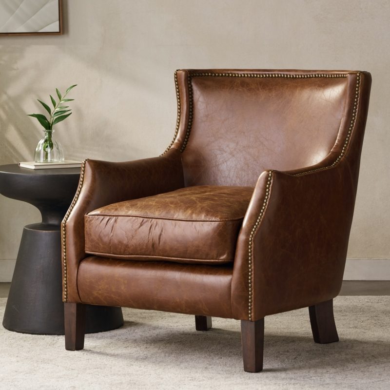 Accent Chair: Top Grain Leather Wingback. Traditional Study Seating.