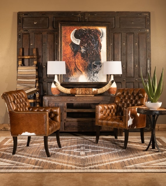 Accent Chair Tufted Leather Cowhide Accents Western Motifs Lodge