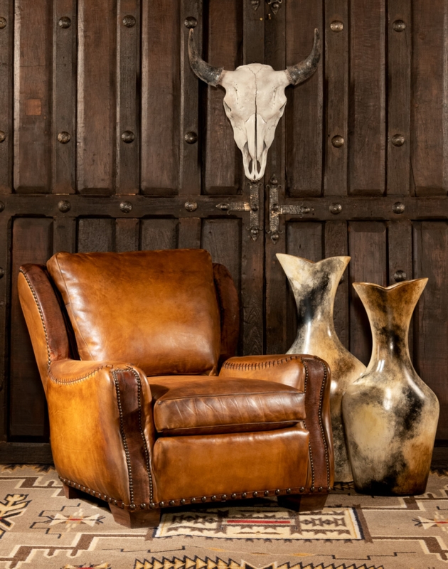 Accent Chair Whipstitch Seams Oversized Tan Leather Western Style