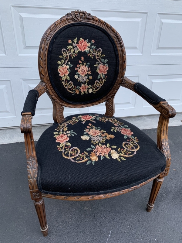 Accent Chair with Black Floral Needlepoint Upholstery and Fluted Legs