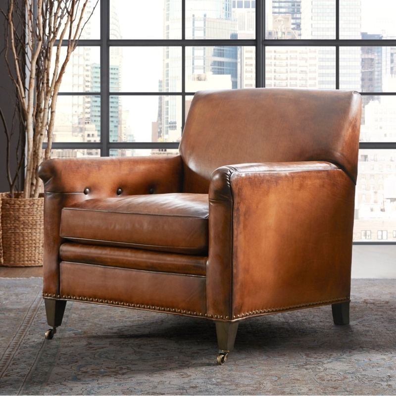 Accent Chair with Front Casters, Button Tufting, and Distressed Finish