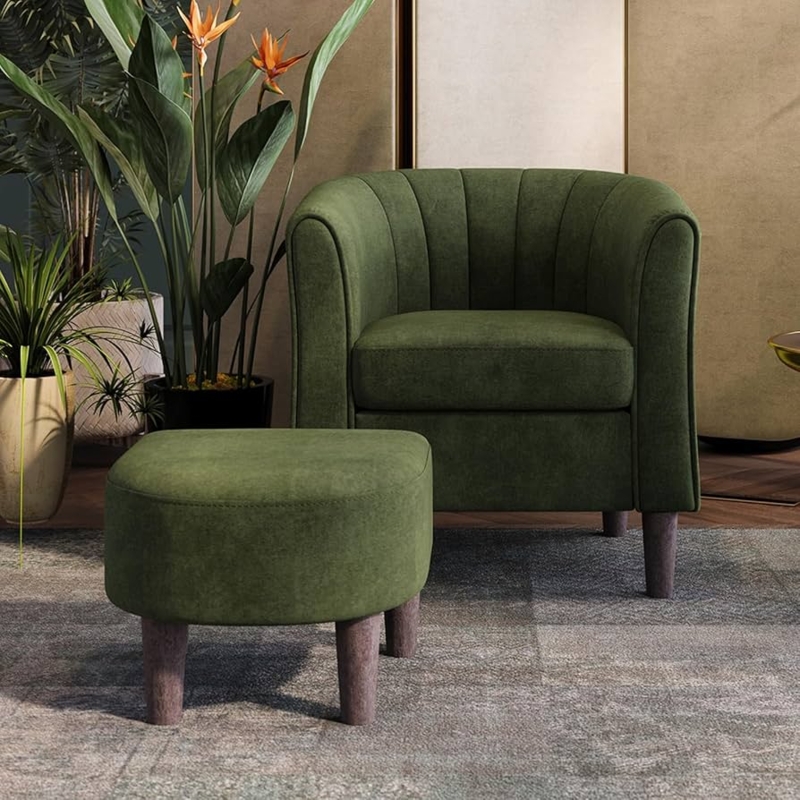 Accent Chair with Ottoman, Olive Green Velvet, Channel Tufted Barrel