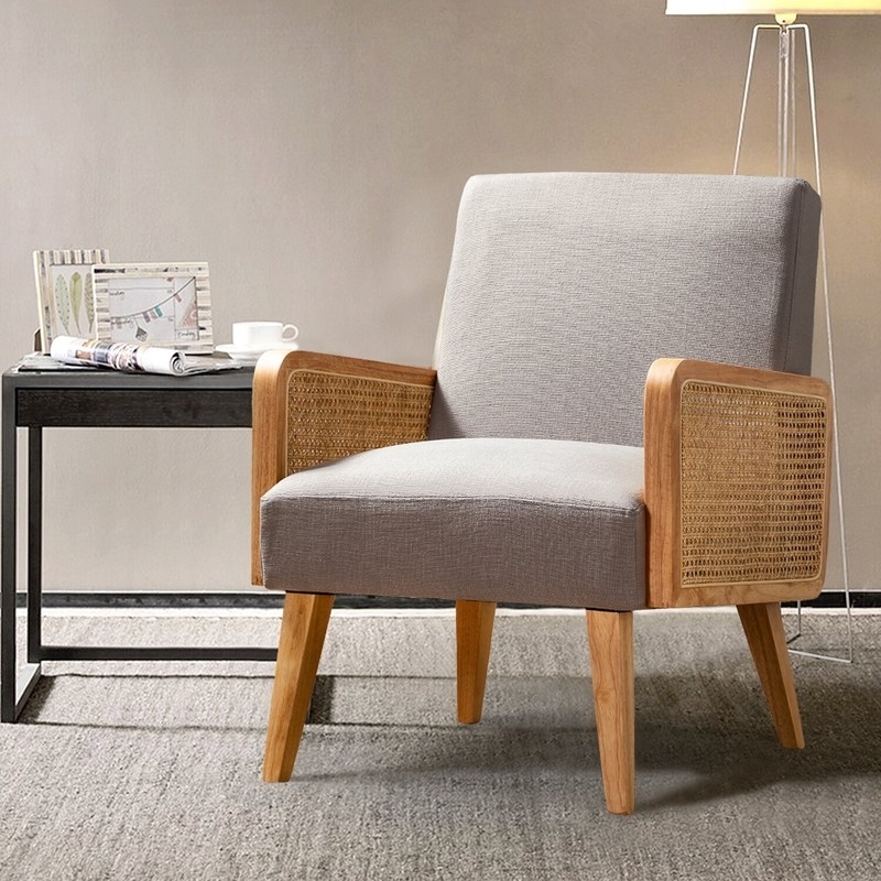 Accent Chair Woven Cane Arm Panels, Grey Upholstery, Tapered Legs