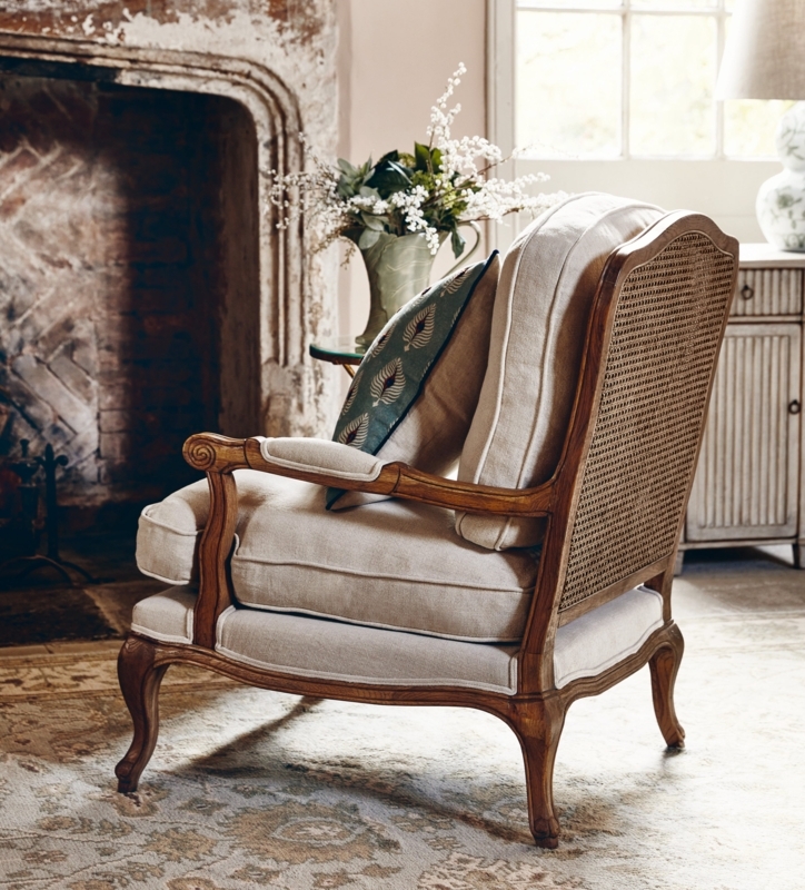Accent Chair: Woven Cane Back French Provincial Linen Seating