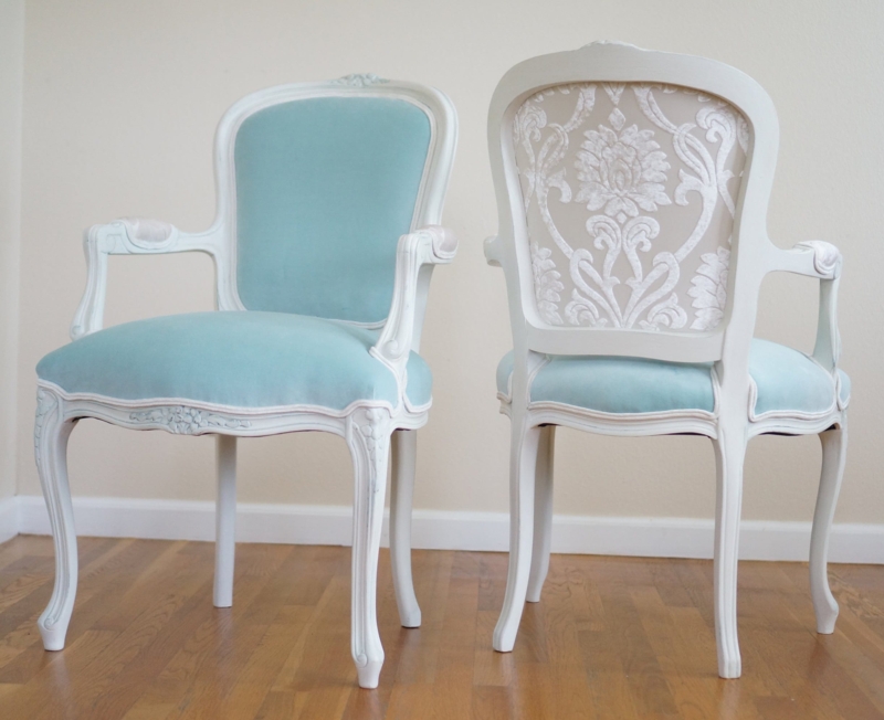 Accent Chairs in Mint Velvet with White Damask Backs
