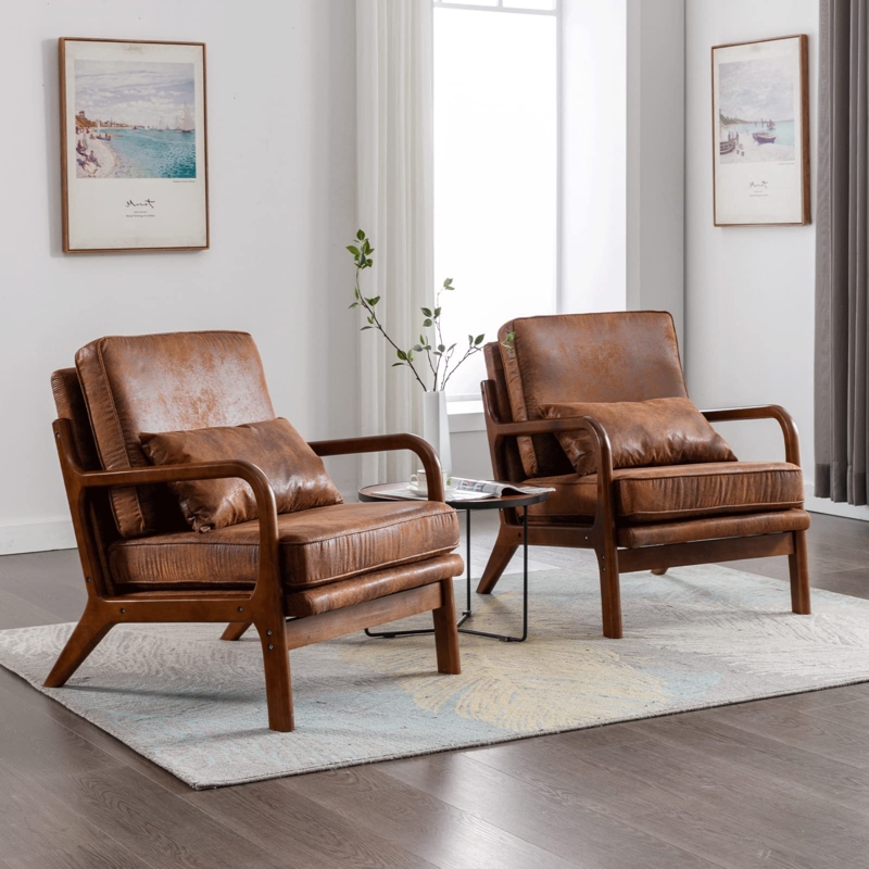 Accent Chairs Pair Cognac Curved Wood Frame Lumbar Pillows Walnut