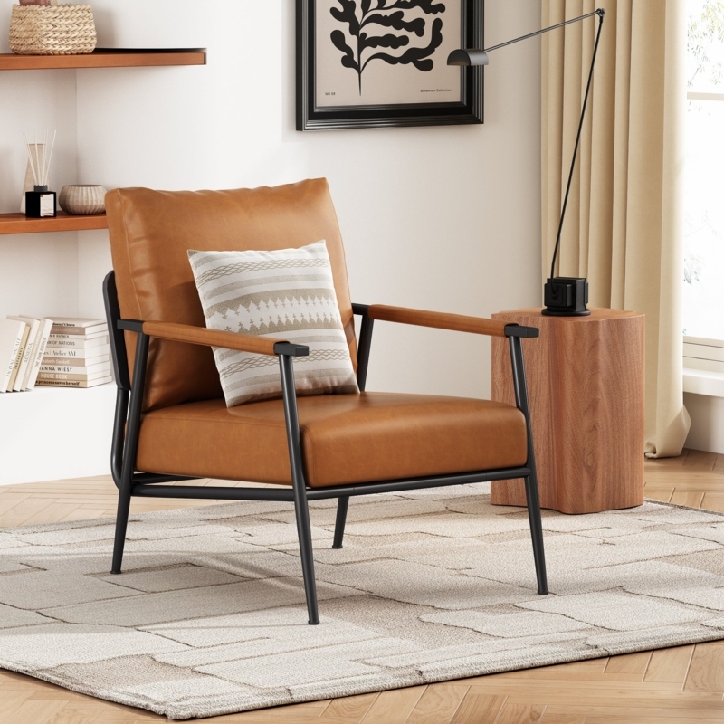 Accent Chairs Set of 2 Cognac Leather Wrapped Arms Slim Black Frame