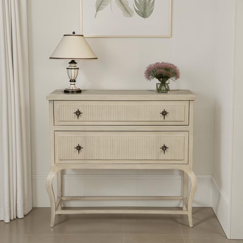 Accent Chest Antique Cream with Fluted Drawers and Star Hardware