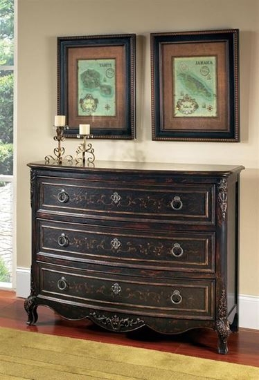Accent Chest: Distressed Black Bombé Style with Hand-Painted Scrollwork