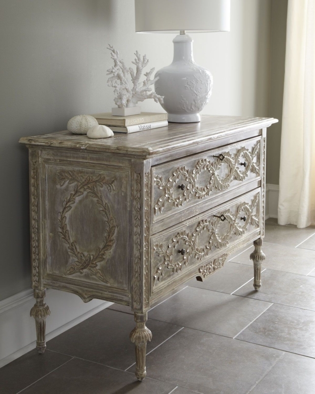 Accent Chest: Distressed Whitewashed Finish with Ornate Relief Carvings
