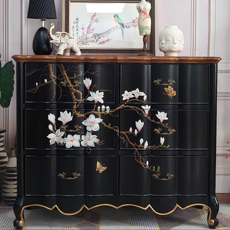 Accent Chest: Matte Black Six-Drawer with Scalloped Front & Floral Mural